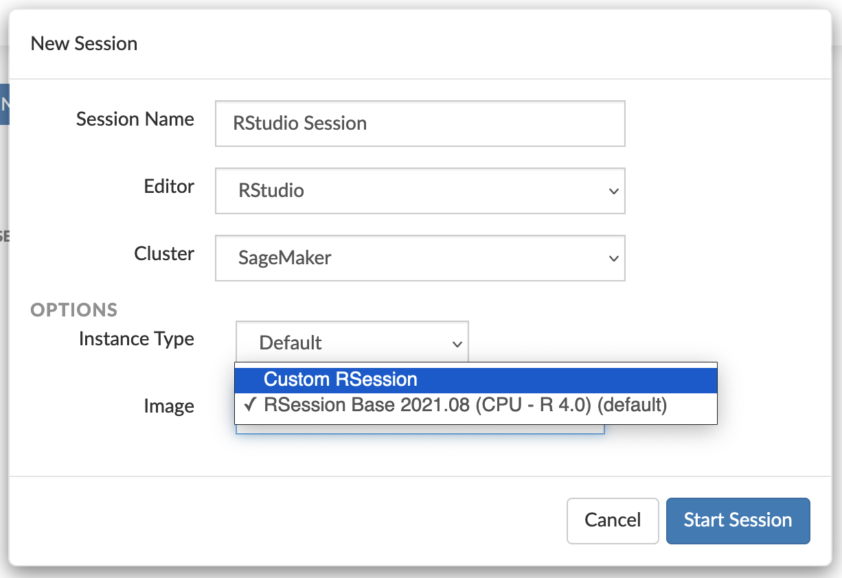 Schermata del RStudio programma di avvio con menu a discesa delle immagini.
