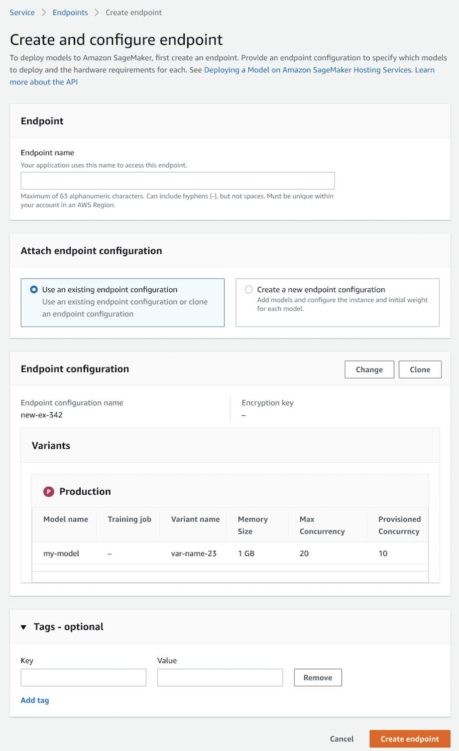 Screenshot della pagina di creazione e configurazione endpoint nella console.