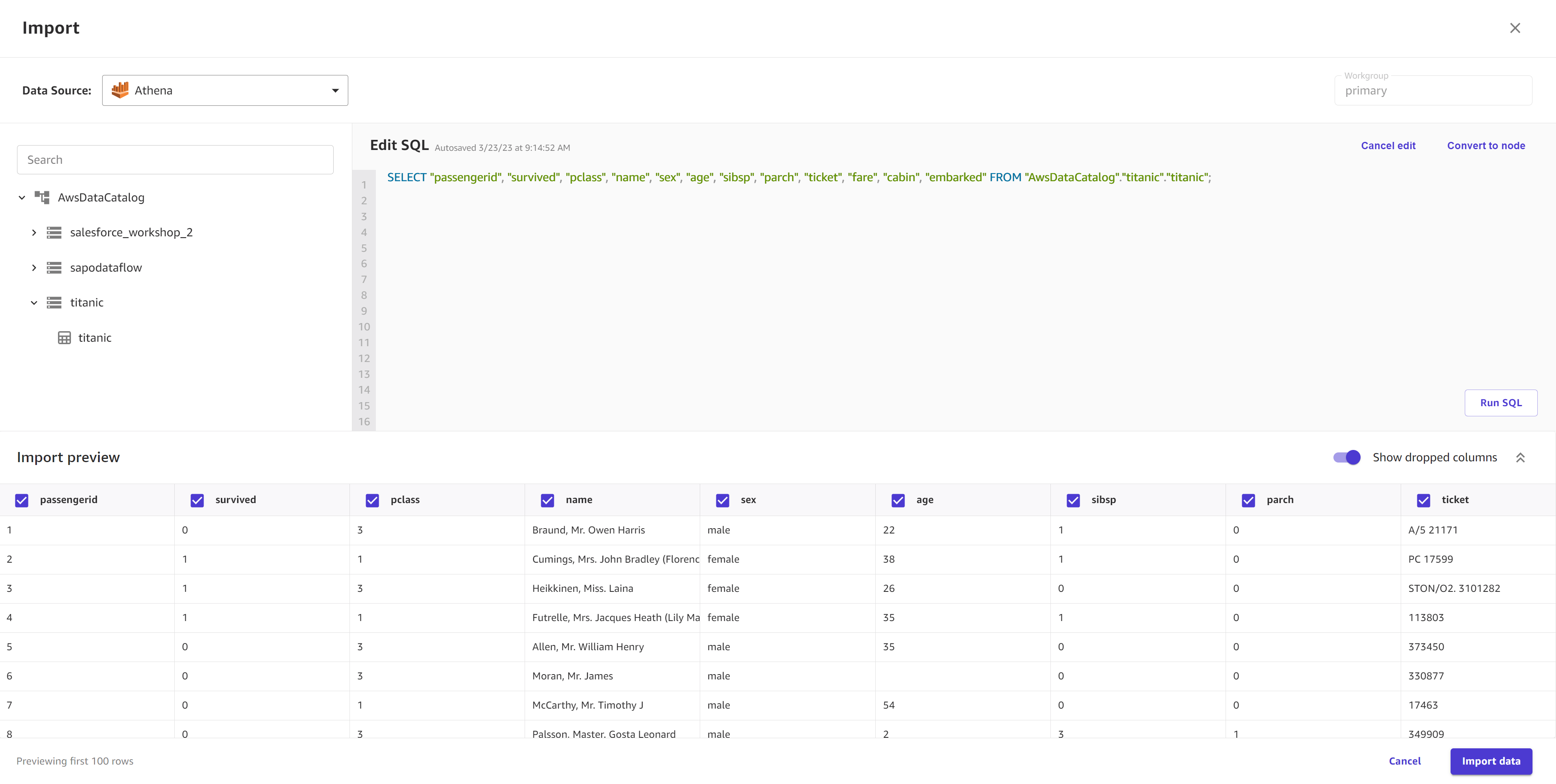 Screenshot che mostra una query SQL nella vista Modifica SQL per i dati di Amazon Athena.