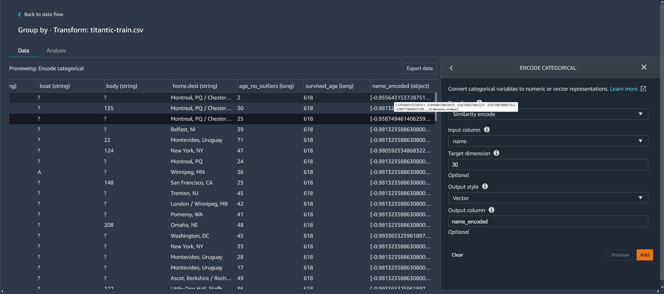 Esempio di rappresentazione vettoriale di una variabile trovata in una tabella nella console Data Wrangler.
