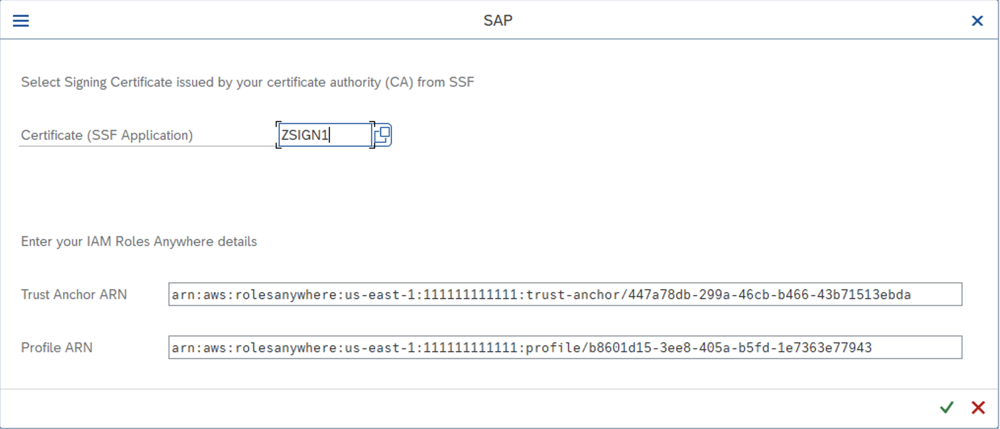 Un esempio di Amazon Resource Names (ARN) per il trust anchor e il profilo.