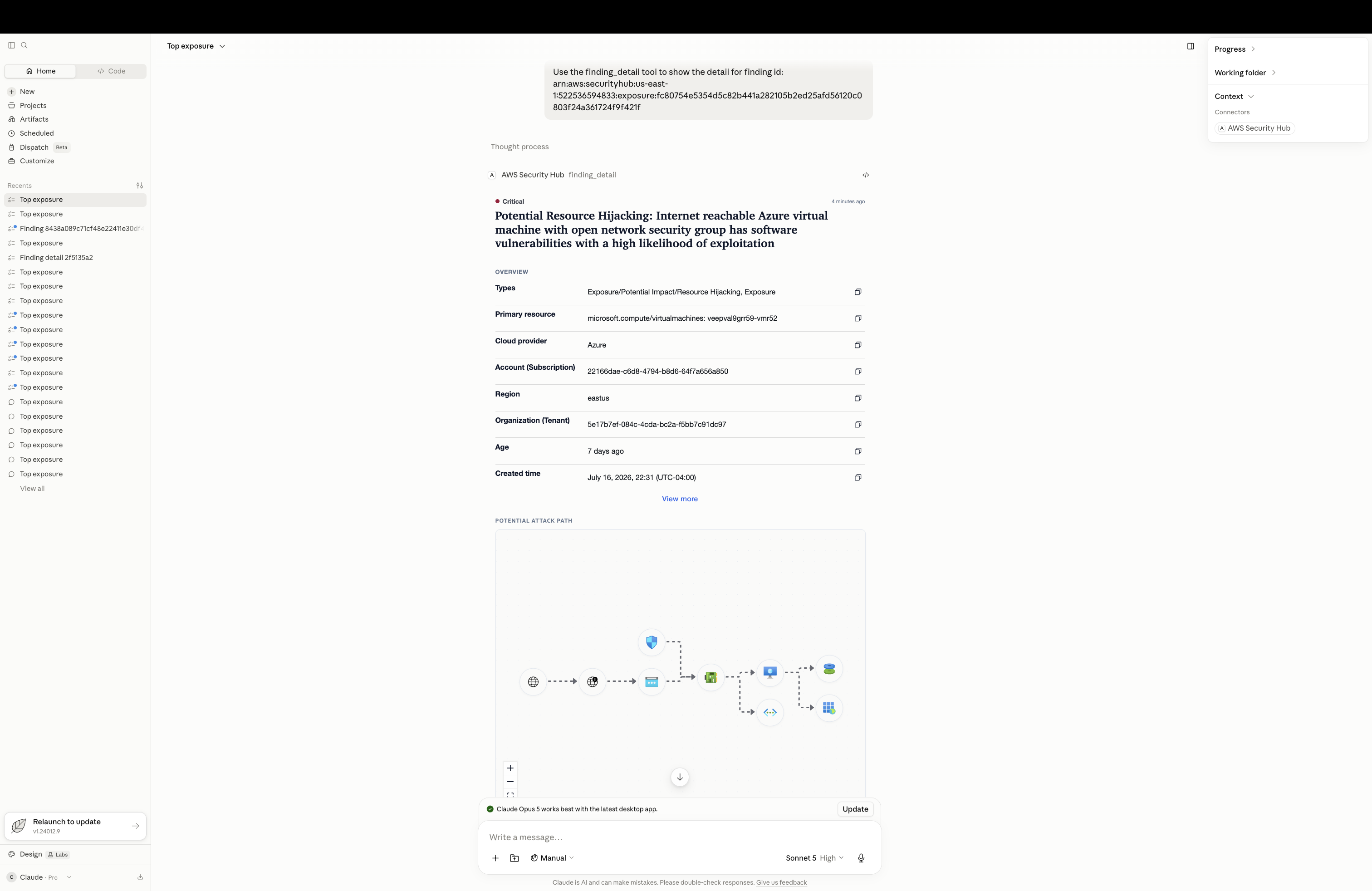 Visualizzazione dettagliata dei risultati con panoramica, risultati correlati, percorso di attacco e linee guida per la risoluzione.