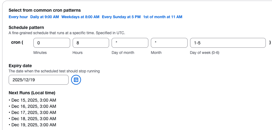 Esegui su un'opzione Schedule con cron pattern selector
