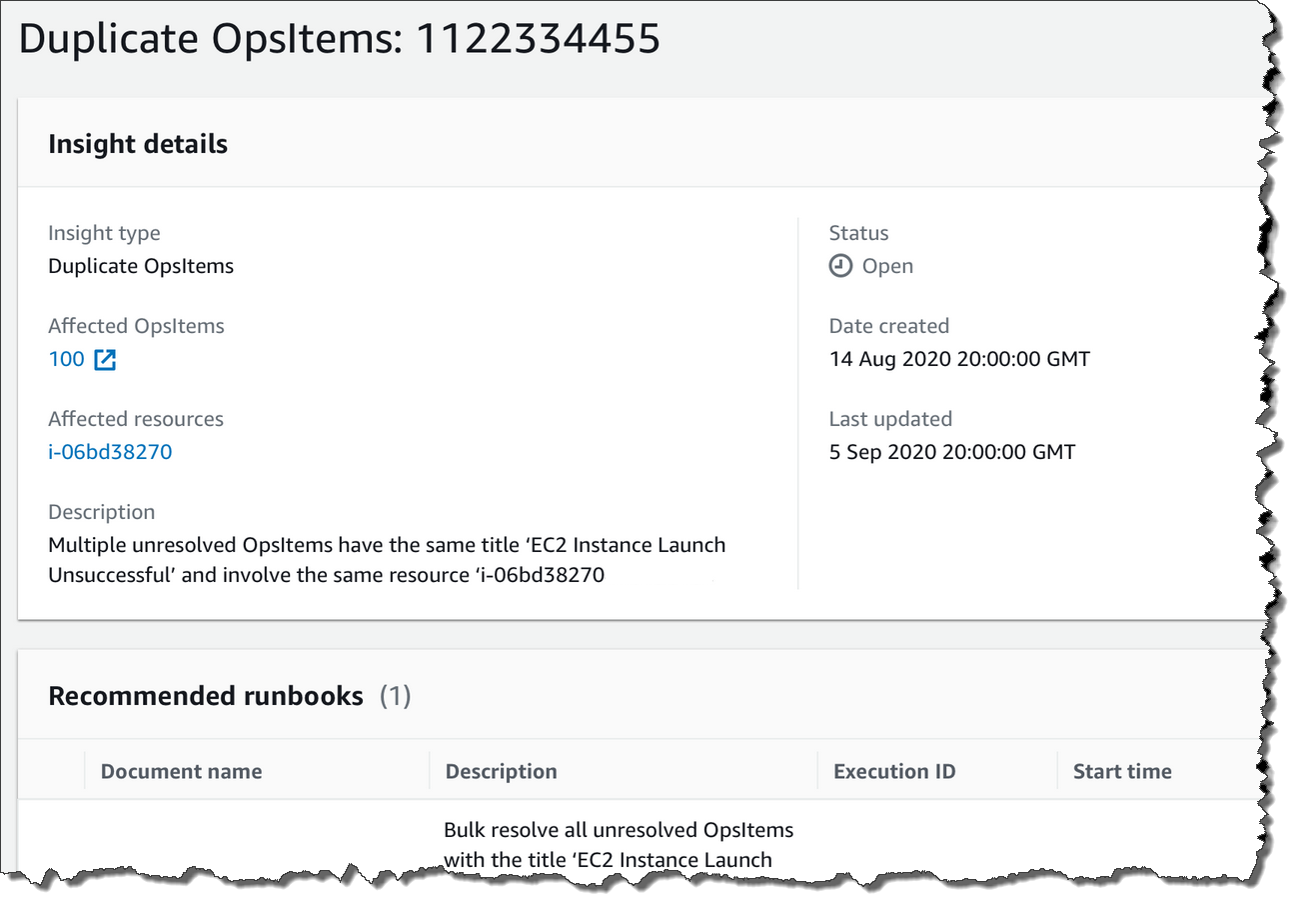 Vista dettagliata di un OpsCenter approfondimento con informazioni su OpsItems.