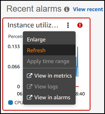 Opzioni del widget di allarme in Application Manager.