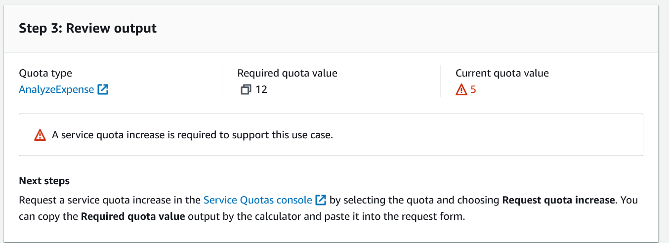 La visualizzazione del valore della quota di servizio che mostra la AnalyzeExpense quota richiede 12 ma il valore attuale è 5, a indicare che è necessario aumentare la quota.