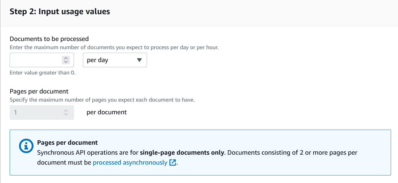 Interfaccia che mostra i campi per inserire il numero massimo di documenti da elaborare al giorno o all'ora e il numero massimo di pagine per documento, con una nota che indica che le operazioni API sincrone sono solo per documenti a pagina singola.