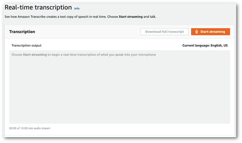 Amazon Transcribe schermata della console: il pannello «trascrizione» nella pagina «trascrizione in tempo reale».