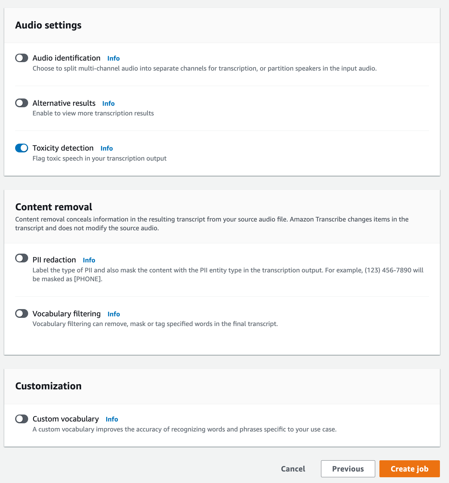 Amazon Transcribe schermata della console: la pagina «configura il lavoro».