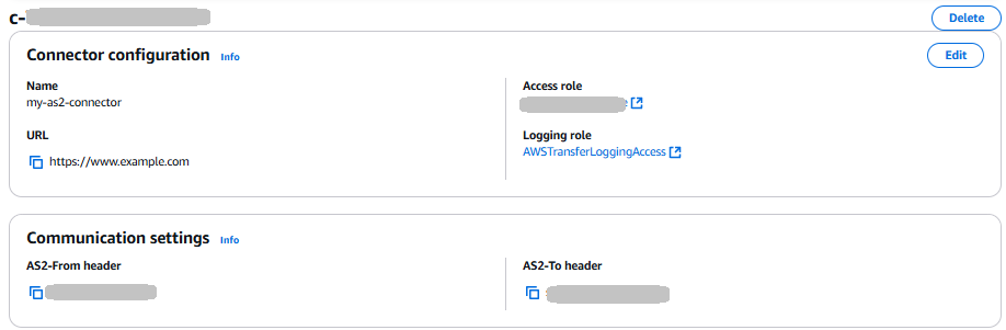 La pagina dei dettagli del connettore della console Transfer Family, che mostra l'URL, il ruolo di accesso e il ruolo di registrazione per il connettore selezionato.