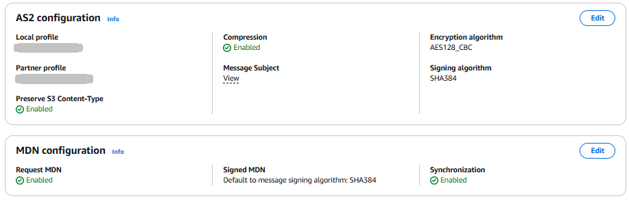 La pagina dei dettagli del connettore della console Transfer Family, che mostra i dettagli di AS2 configurazione per il connettore selezionato.