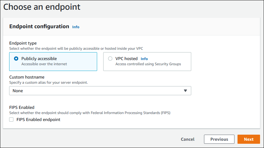 La sezione Scegli una console endpoint con l'opzione Accessibile al pubblico selezionata.