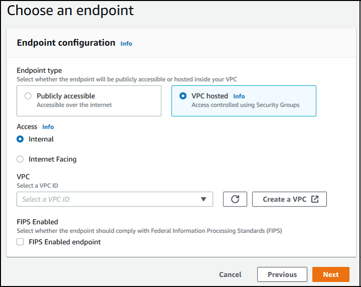 La sezione Scegli una console endpoint con l'opzione VPCHosted selezionata.