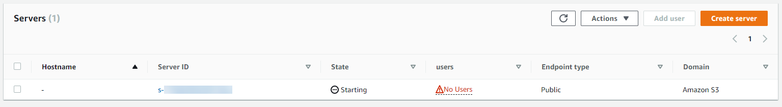 La pagina della console Servers con il nuovo ID del server e lo stato Avvio.