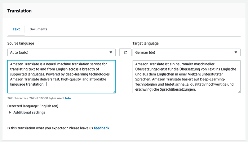 La pagina di testo di traduzione di Amazon Translate API Explorer.