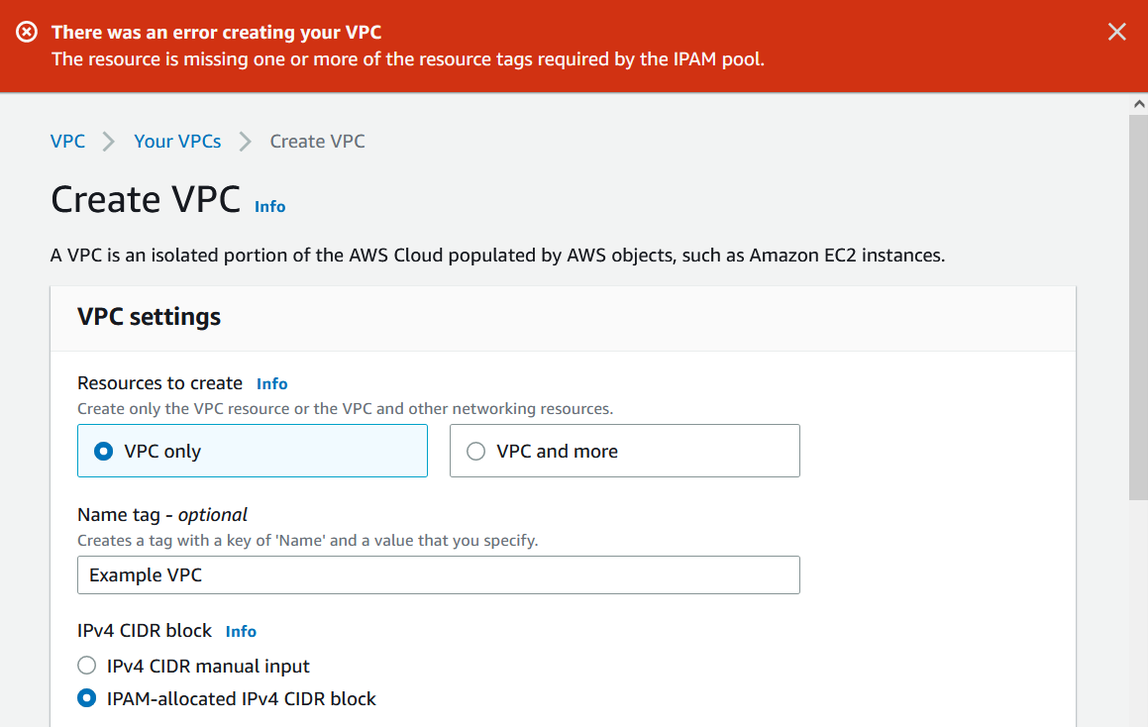 Creazione di un errore VPC nella console Amazon VPC.