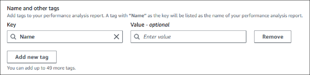 新しいタグを追加するためのフィールドを含む Performance Insights ダッシュボード