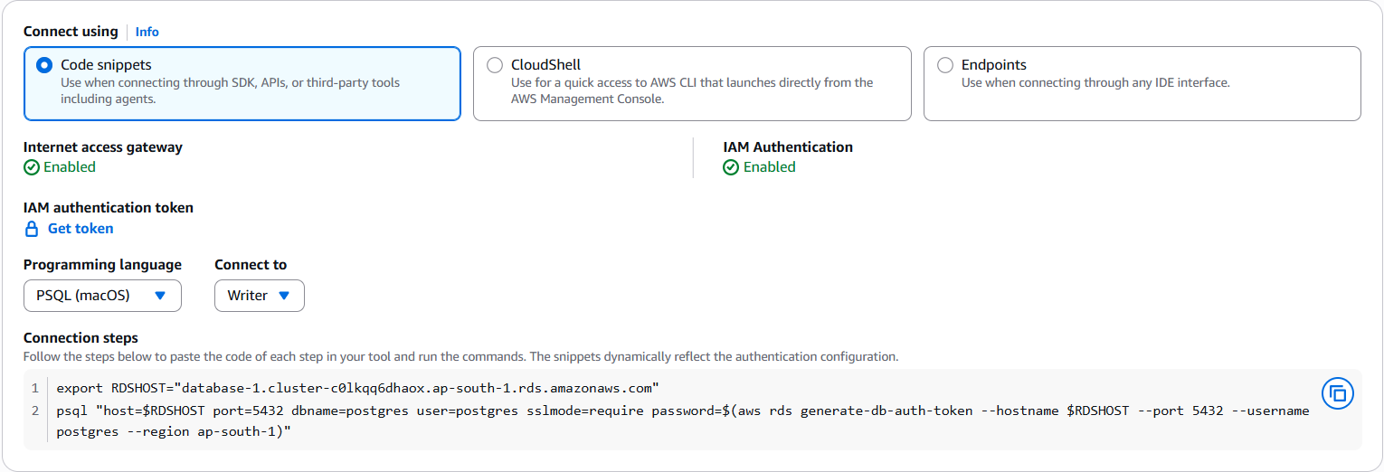 PSQL コードスニペットを示す接続手順モーダル。