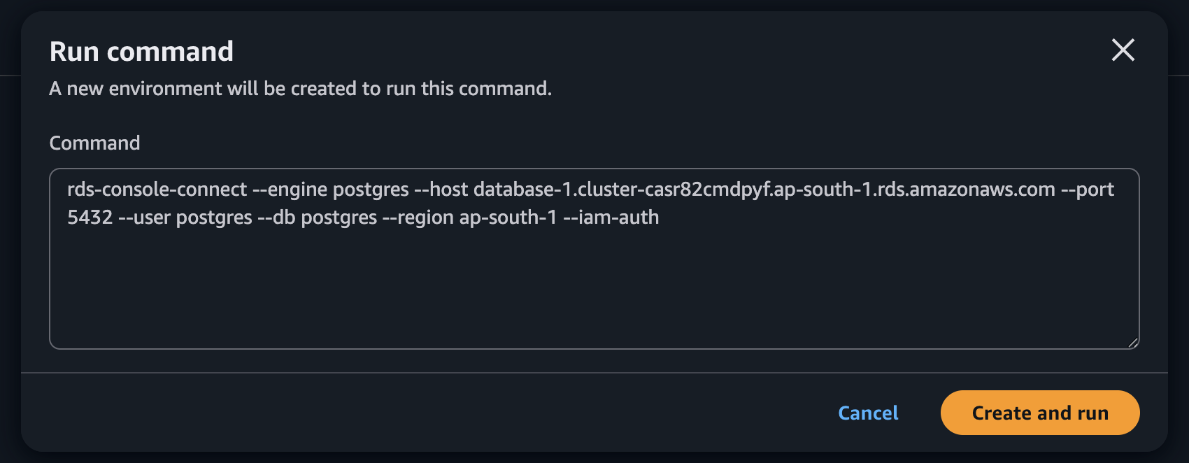 接続コマンドが事前入力された CloudShell プロンプトウィンドウ。