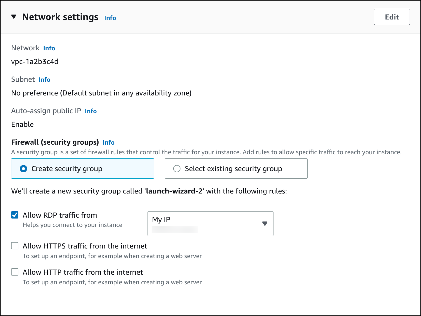 EC2 インスタンスのネットワーク設定。