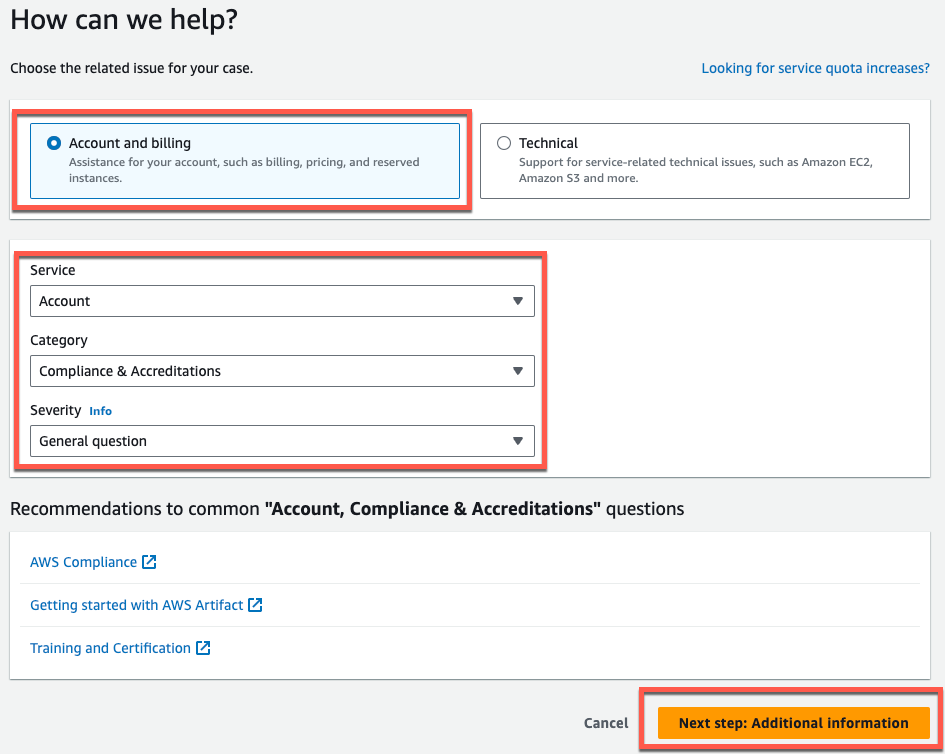 サポート case form with Account and billing selected, and service details specified.