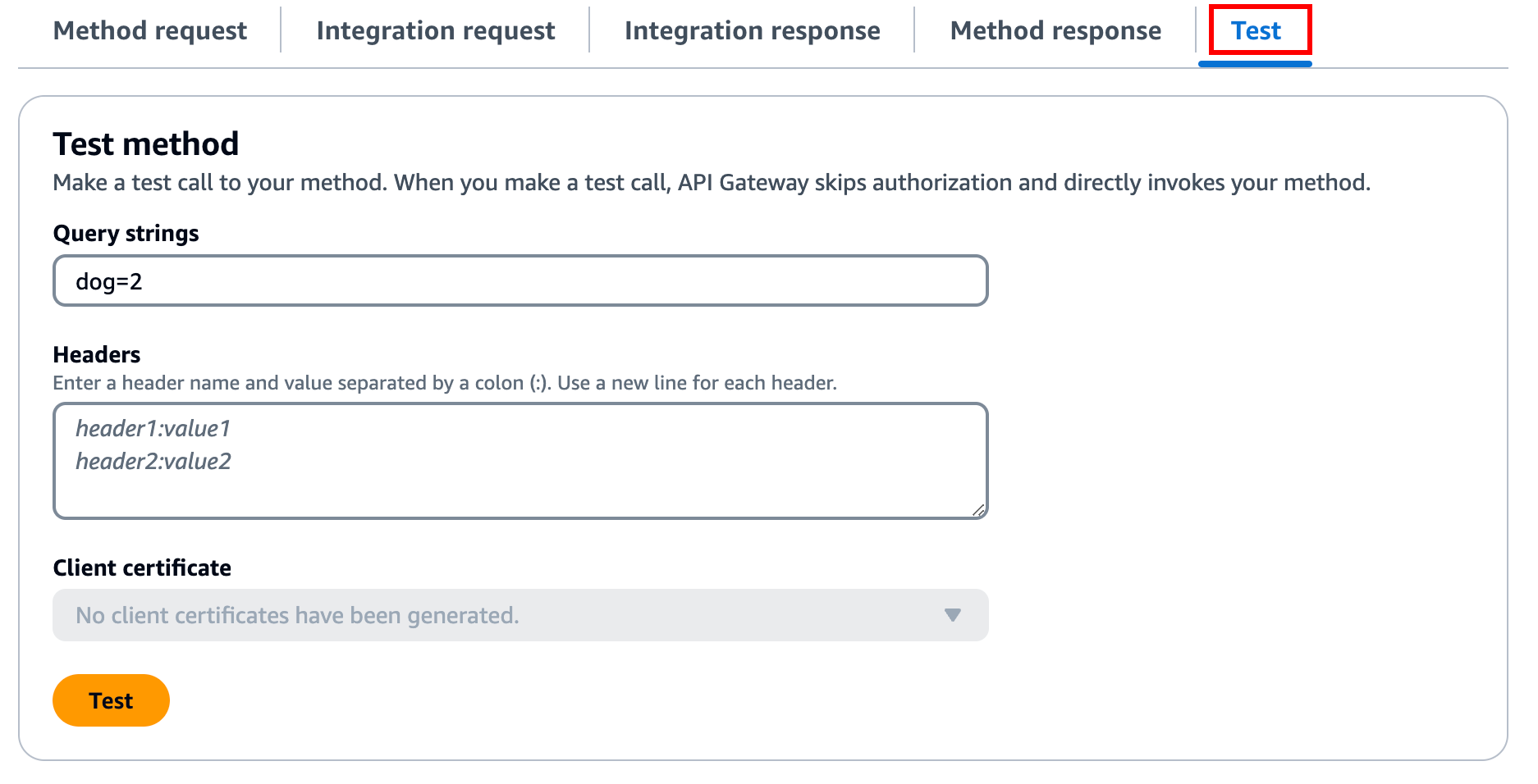 [テスト] タブを使用して API をテストします。このタブは、[メソッドレスポンス] タブの横にあります。