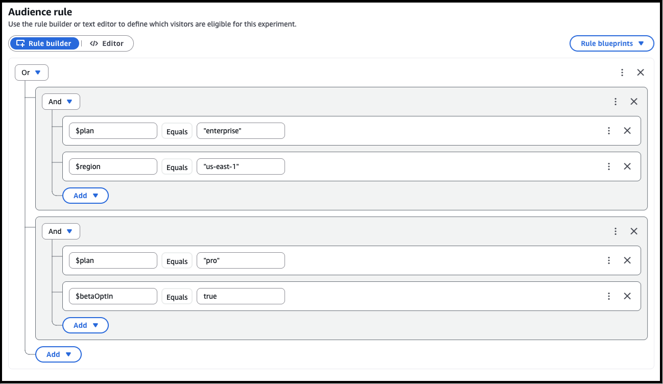 サンプルオーディエンスルールを指定してAWS AppConfig実験中の Rule Builder タブの 3 番目のイメージ。