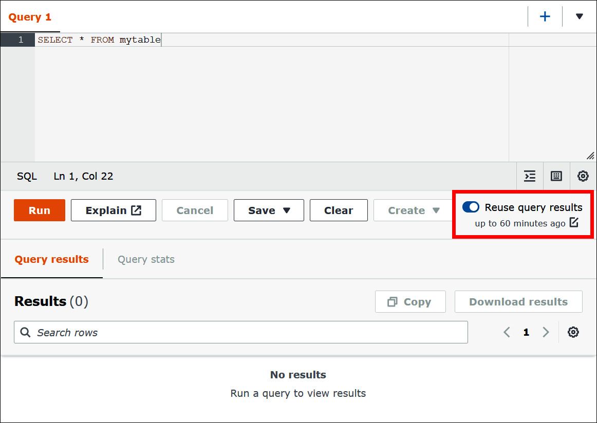Athena クエリエディタで、[Reuse query results] (クエリ結果の再利用) を有効にします。