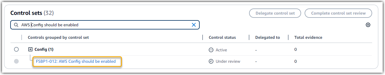 評価内の Security Hub コントロールを示すスクリーンショット。