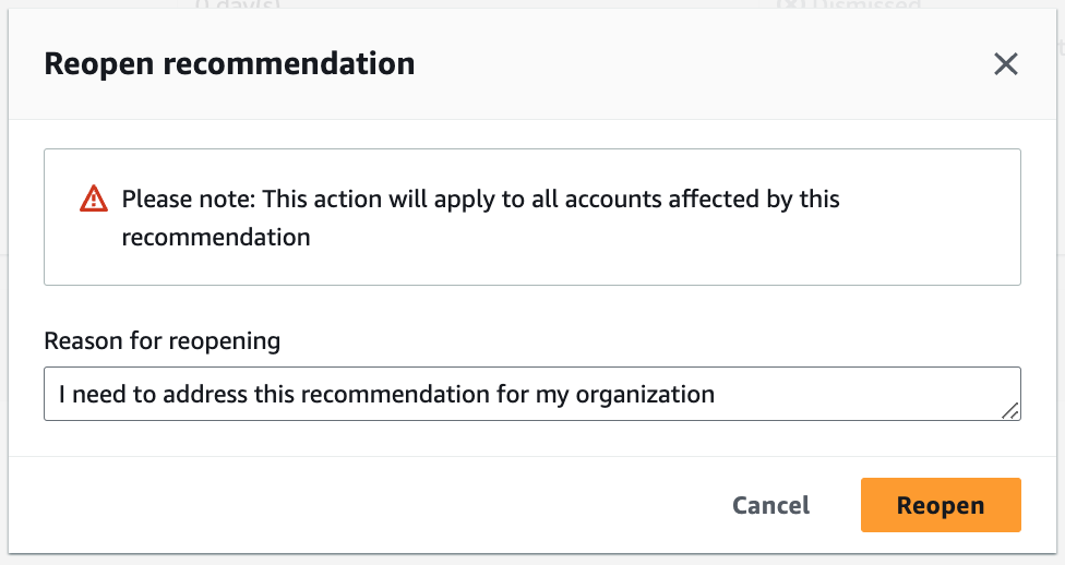 Trusted Advisor Priority でレコメンデーションを再開するためのダイアログボックス。