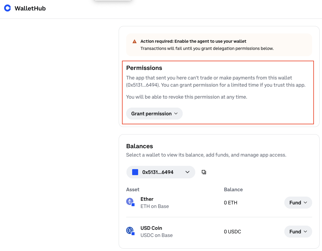 資金調達とアクセス許可の付与のための Coinbase WalletHub