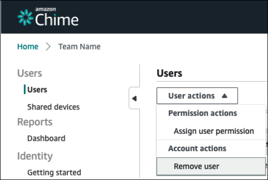 チームアカウントを管理するときにアクションメニューからユーザーの削除を選択する