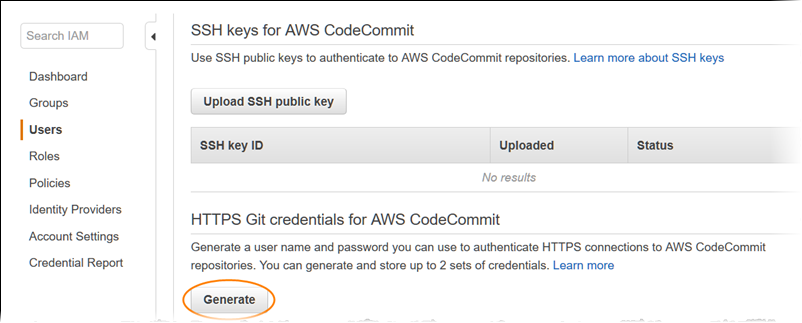 IAM コンソールでの Git 認証情報の生成