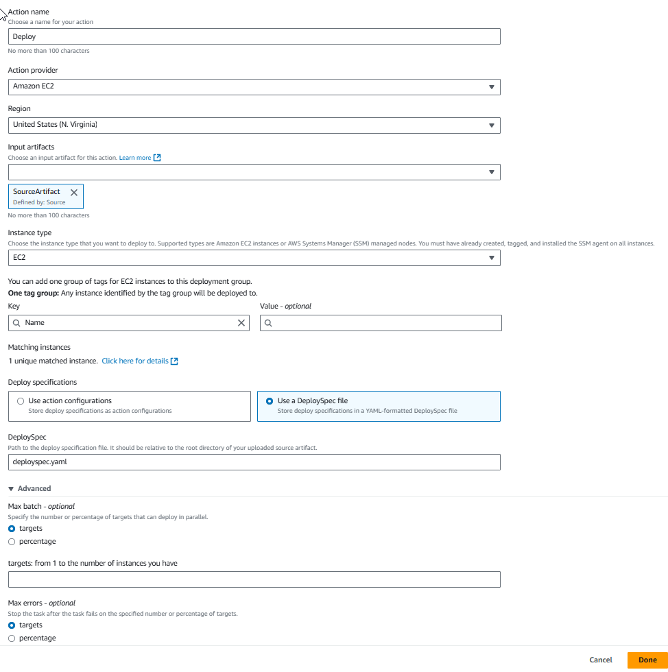 EC2Deploy アクションオプションを使用して仕様ファイルを使用する新しいパイプラインの編集アクションページ