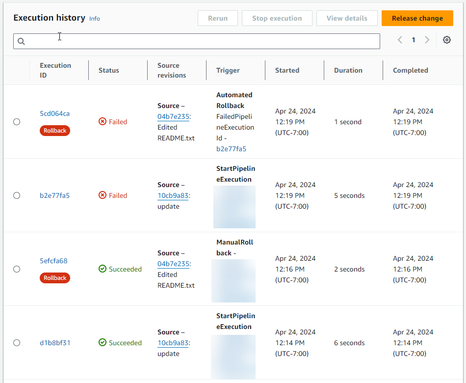 CodePipeline の Rollback ラベルを示す実行履歴ページの例。