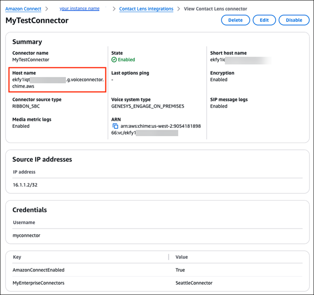 MyTestConnector の詳細ページ。SIPREC オーディオを受信するホストの完全修飾名です。