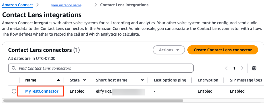 Contact Lens 統合ページ。MyTestConnector という名前のサンプルコネクタ。