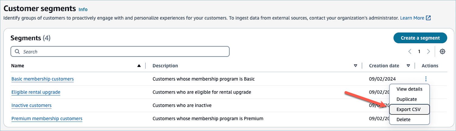 Customer segments ページ、Export CSV オプション。