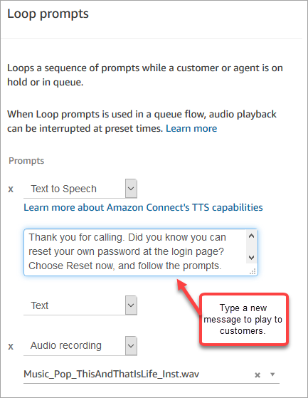 テキスト読み上げメッセージが設定された [プロンプトのループ] ブロック。