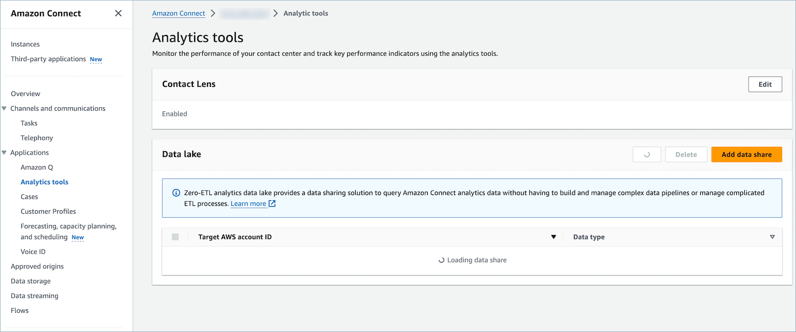 コンソールの AWS Enable Contact Lensチェックボックス。