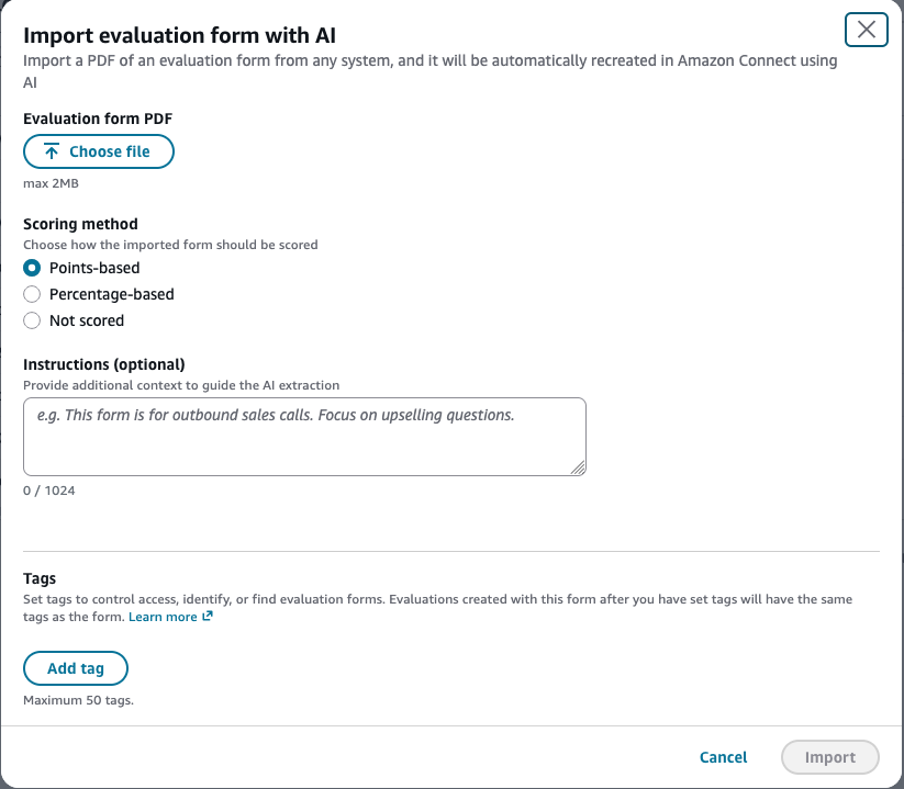 AI を使用した評価フォームのインポートダイアログ。評価フォーム PDF、スコアリング方法、および手順のフィールドが表示されます。