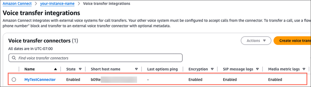 Voice Transfer 統合、MyTestConnector コネクタ。