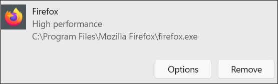 Firefox High Performance のオプションボタン。