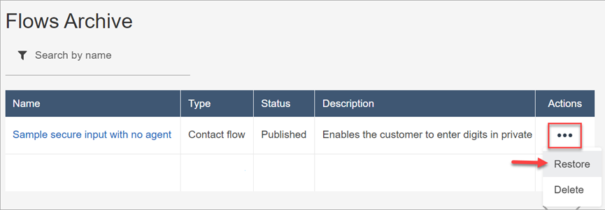 アーカイブされたフローのアクションメニューの復元オプションを示す Amazon Connect Flows Archive ページ。