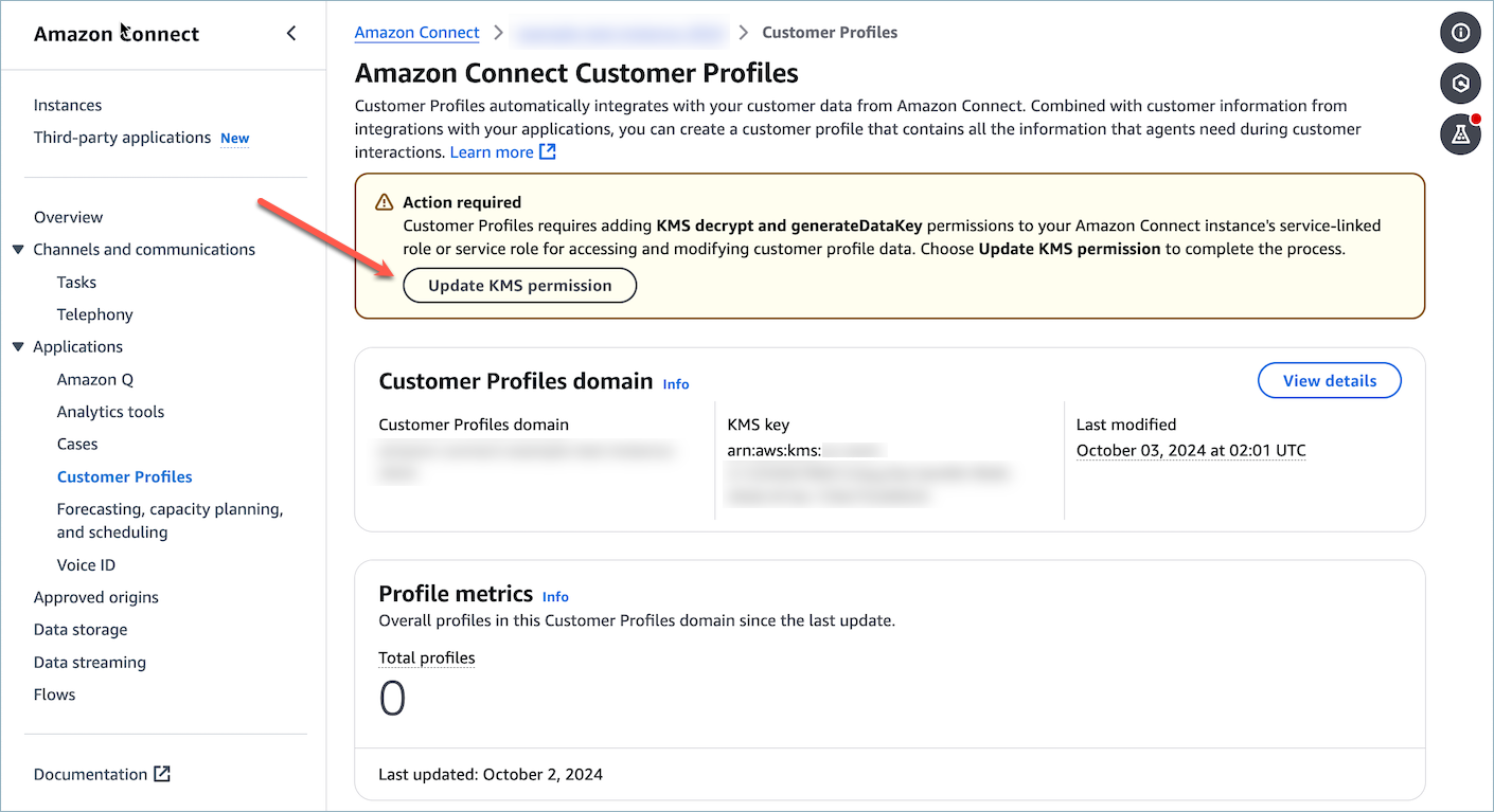 KMS アクセス許可の更新ボタンを選択して、Amazon Connect インスタンスのサービスにリンクされたロールに KMS アクセス許可を付与します。