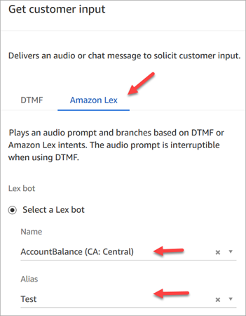 [顧客の入力の取得] ブロックの [プロパティ] ページの [Amazon Lex] タブ。