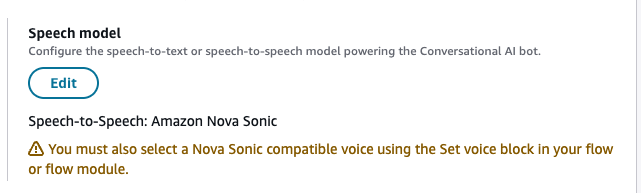 Amazon Nova Sonic が選択された音声モデルモーダル