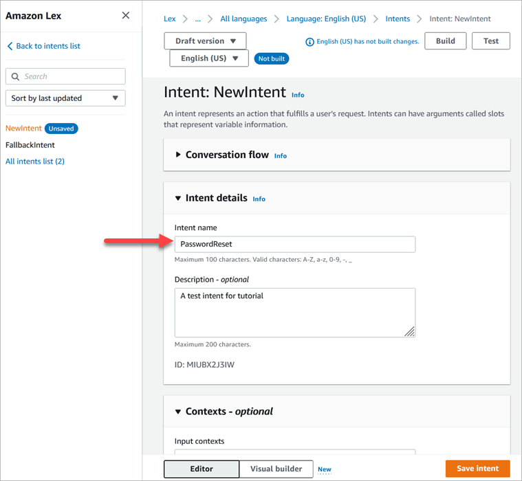 Amazon Lex コンソール、[インテント] ページ、[インテントの詳細] セクション、インテント名。