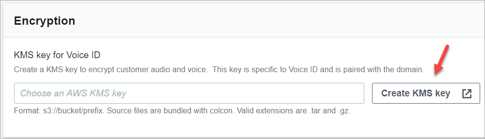 新しい暗号化キーを作成するための「AWS KMS キーの作成」ボタンを示す Voice ID 設定ページの暗号化セクション。