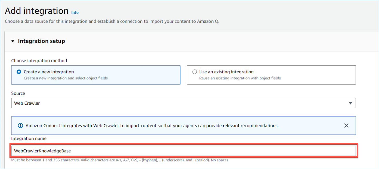 ユーザーが新しい接続の名前を入力する統合名フィールドを示す Web Crawler 統合設定ページ。